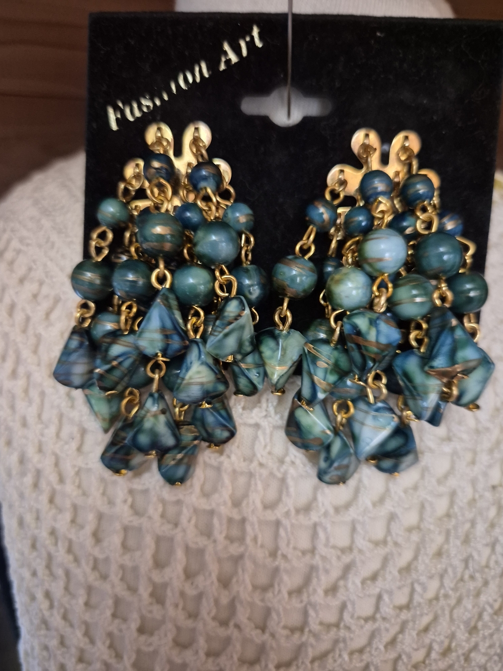 Vintage Teal and Gold Cluster Dangle Earrings